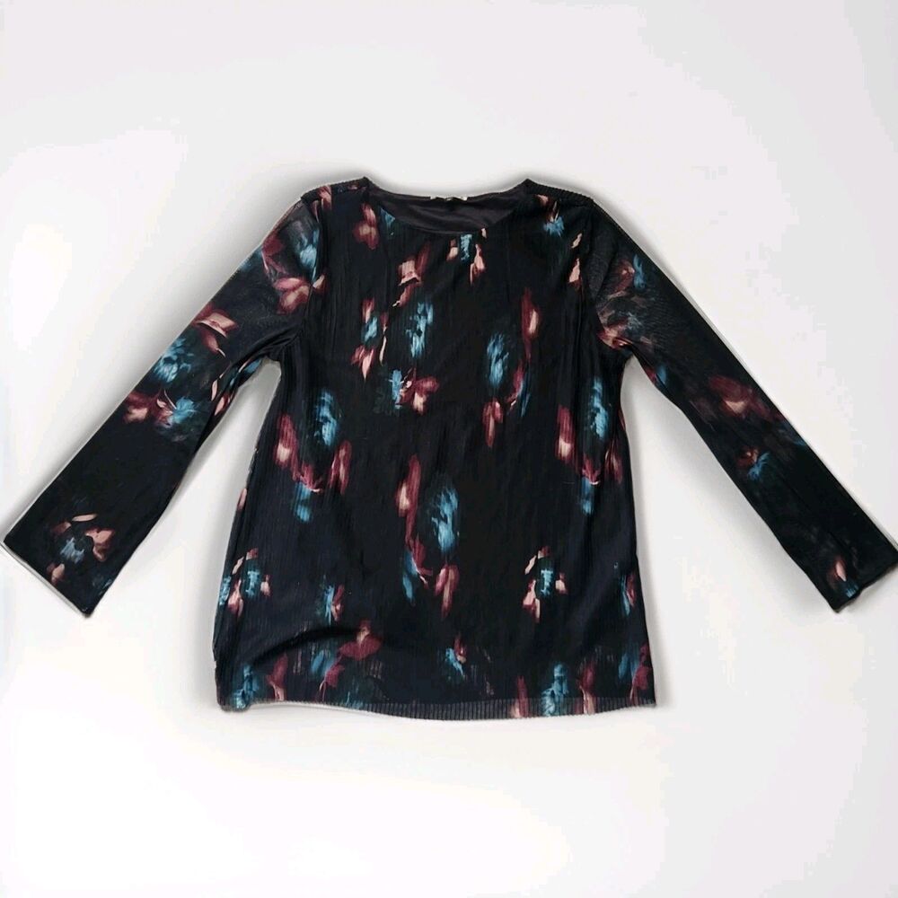 Fairhope Sheer Floral Blouse Black Long Sleeve Lightweight Top Women’s M EUC